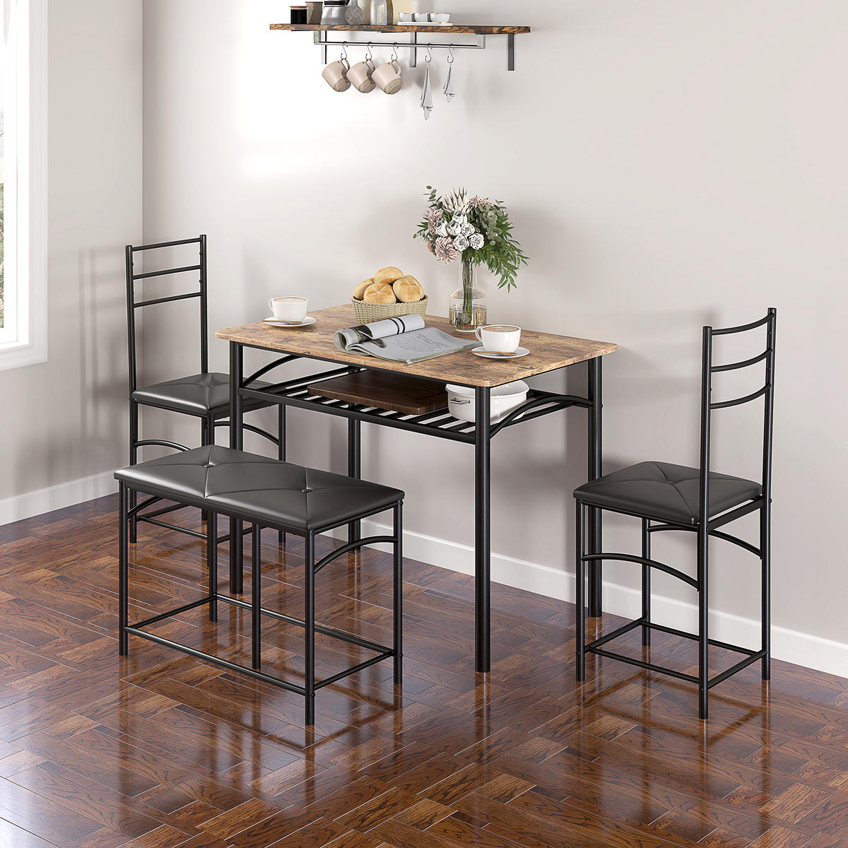 4-TEILIGES Esszimmer-Set, Platzsparendes Set mit Tisch, Stühlen und Bank, Braun - Braun, Metall (60/74.5/100cm) - HOMCOM