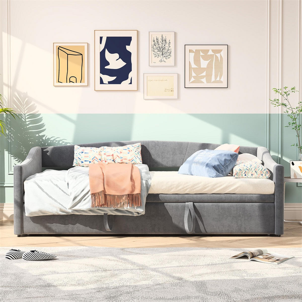 POLSTERBETT 90x200 cm mit Ausziehbett und Lattenrost - für Jugendzimmer & Gästezimmer- ohne Matratze - Grau - Grau, Textil (90/200cm) - DELFA