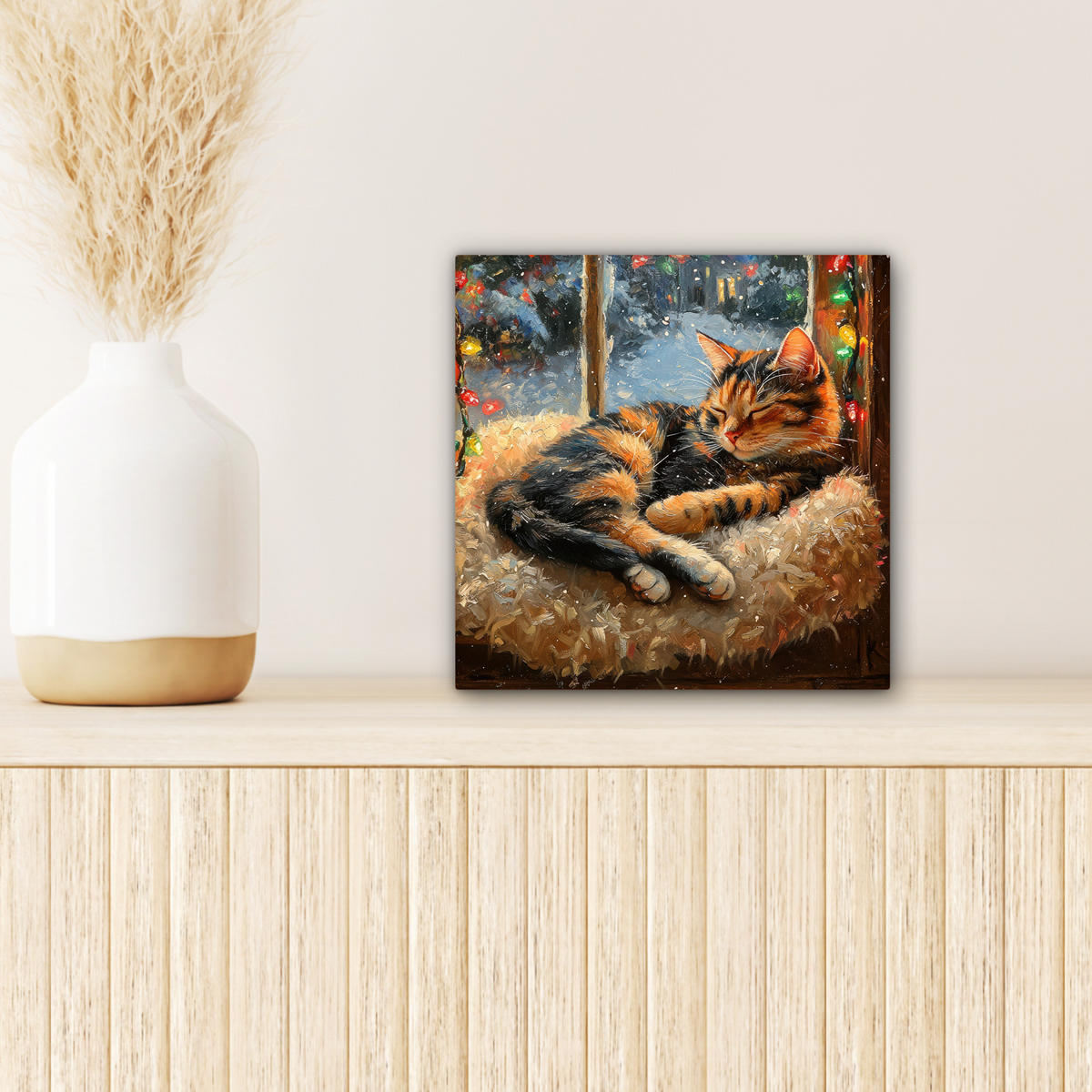 LEINWANDBILD Katze - Weihnachten - Winter - Tier Deko Wohnzimmer 20x20 cm - Bernsteinfarben, Textil (20/20cm) - MuchoWow