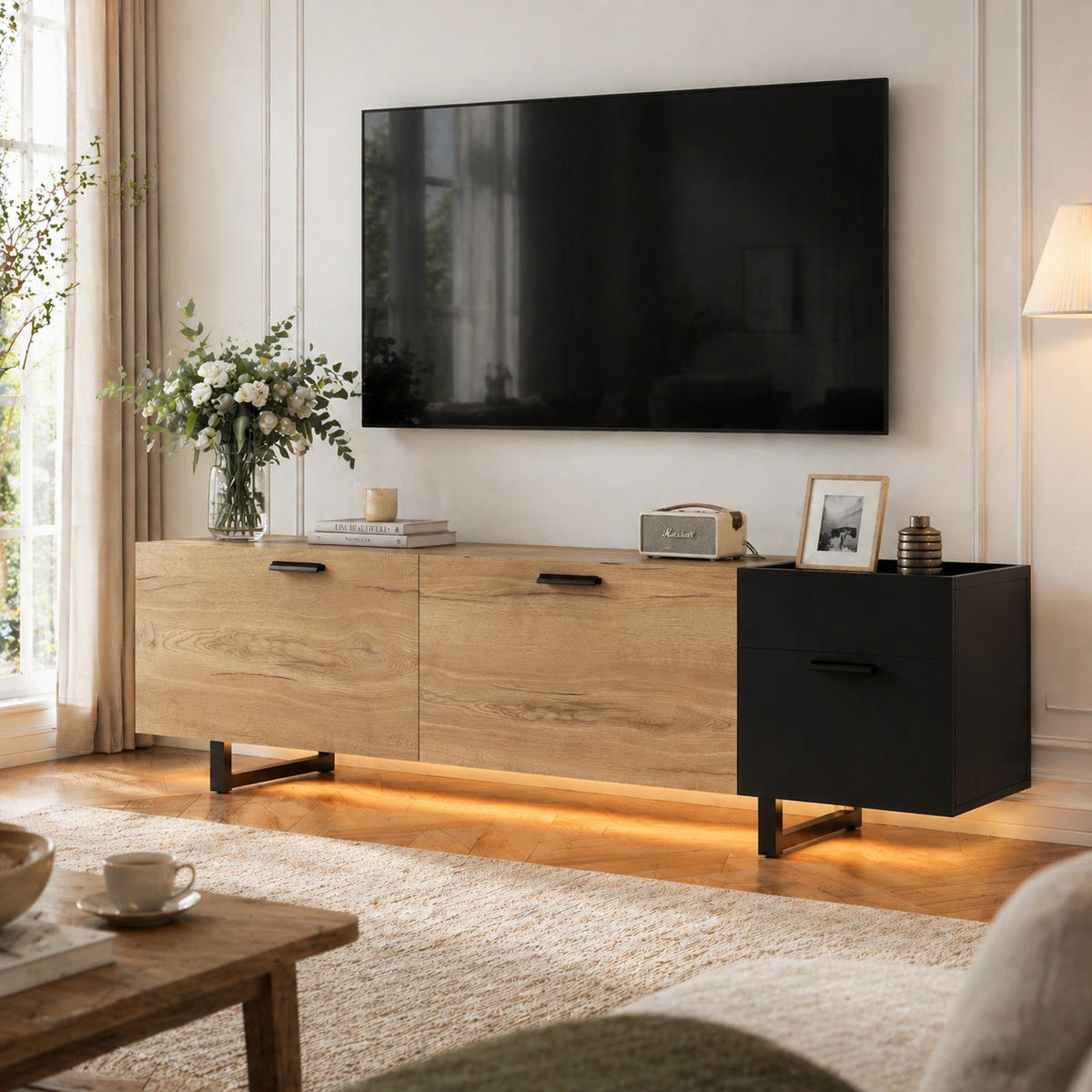TV-ELEMENT 180/38/49 cm Schwarz mit offenen Fächern, 2 Schubladen und Stauraum - Schwarz, Holz (180/49/38cm) - Oxeza