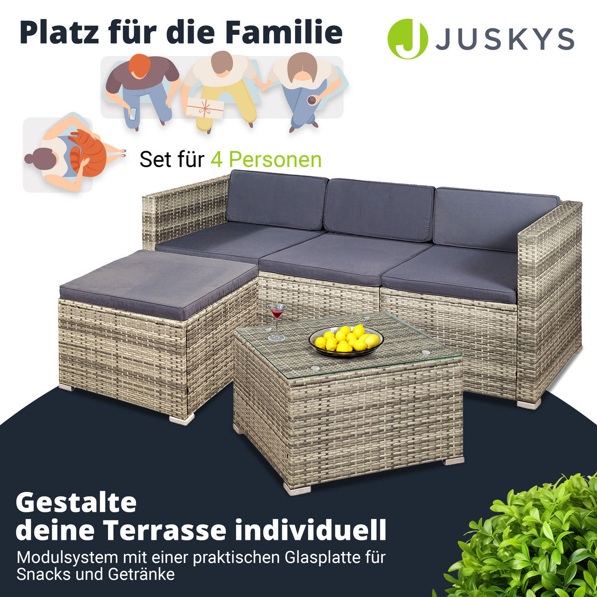 LOUNGEGARNITUR Punta Cana 3-tlg. - Beige/Grau, Kunststoff/Metall - Juskys