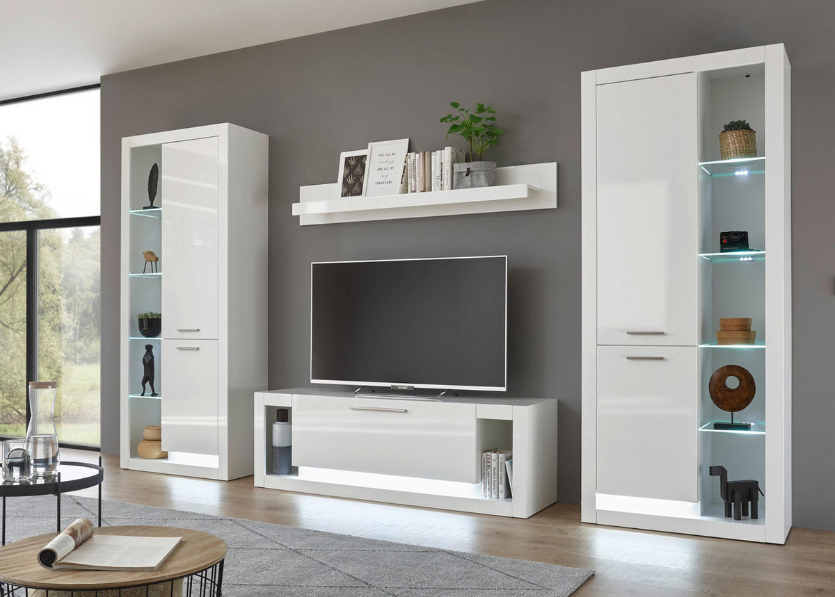 WOHNWAND weiß Hochglanz 4-teilig 350 cm, Schrankwand mit viel Stauraum - Weiß Hochglanz/Silberfarben, Glas/Holzwerkstoff (350/198/43cm) - Furn.Design