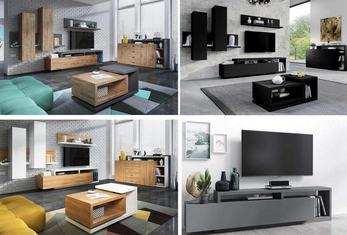 WOHNZIMMER-SET 5-teilig Broto Weiß / Beton Colorado - Multicolor/Grau, Holz/Holzwerkstoff (371/142/60cm) - Feldmann-Wohnen