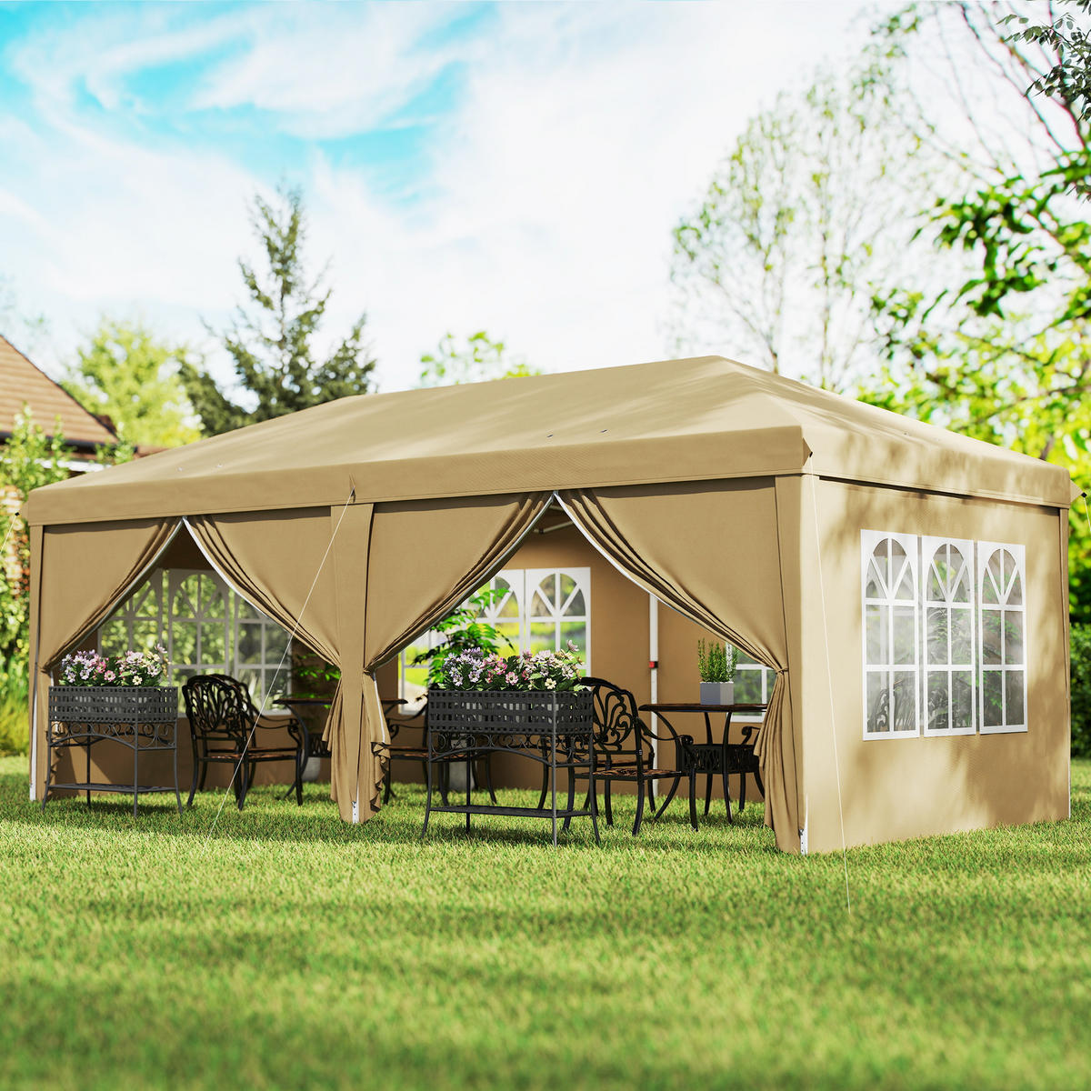PAVILLON DE-14027 6/3 m, wasserdicht, 4 Seitenwände Khaki - Mokka, Textil (295/270/585cm) - ComfortXL