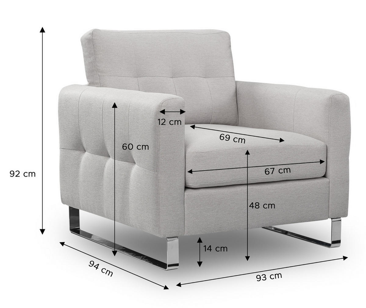 SESSEL hellgrau Flachgewebe 93 x 94 cm, Clubsessel mit Steppoptik - Chromfarben/Hellgrau, Holz/Textil (93/92/94cm) - Inn.Furn