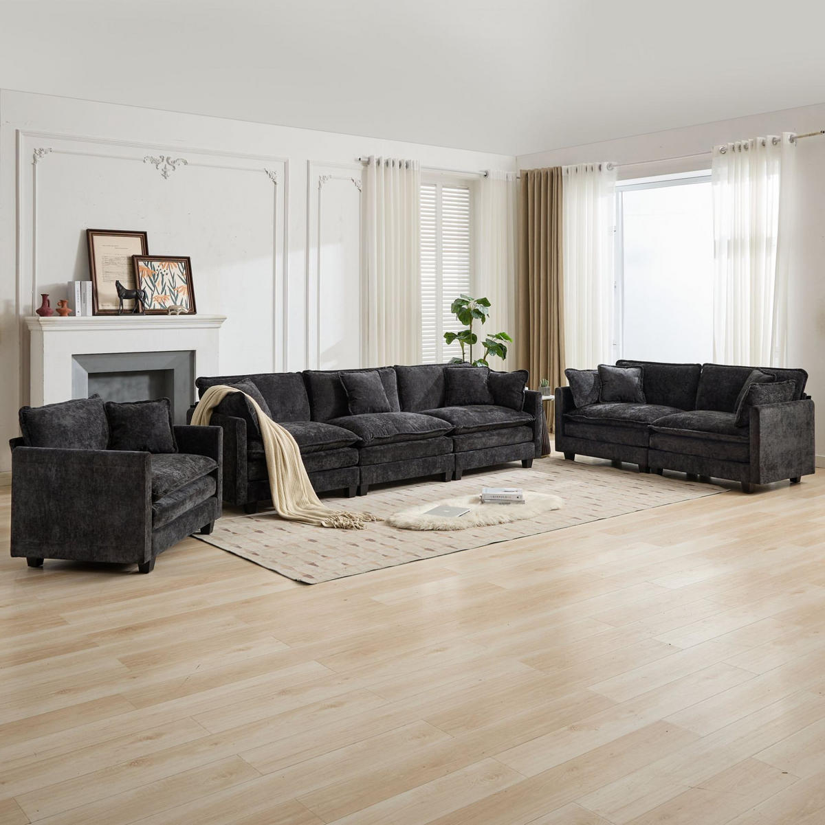 SOFA modular 3-Sitzer Chenille Schwarz - Schwarz, Holz (75/84/289cm) - Meubliv
