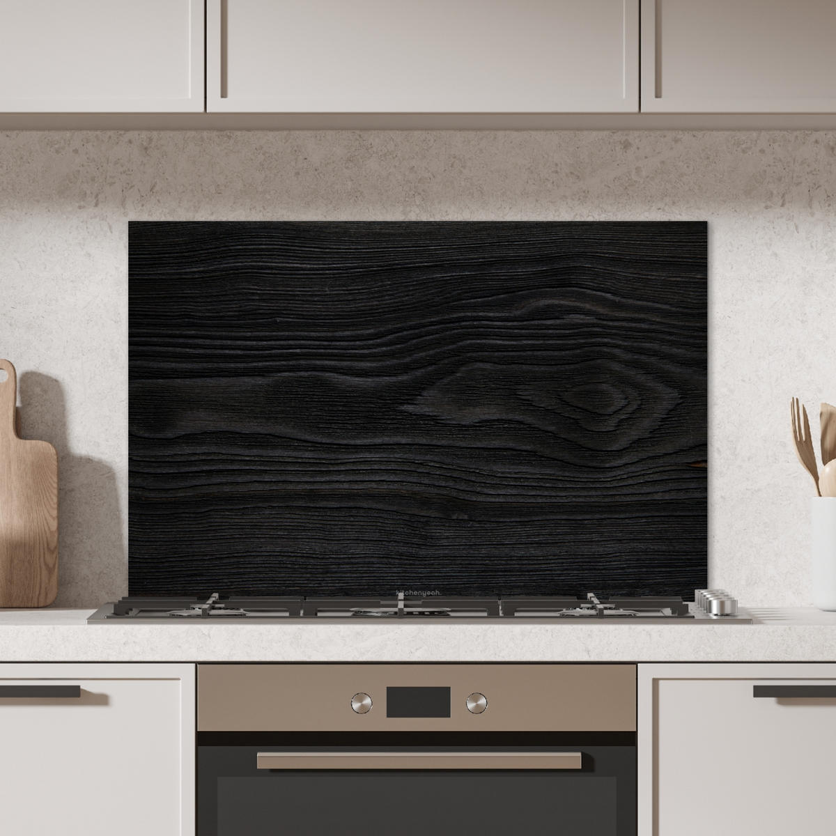 SPRITZSCHUTZ KÜCHE Schwarz - Holzoptik 80x55 cm - Schwarz, Metall (80/0.3/55cm) - MuchoWow