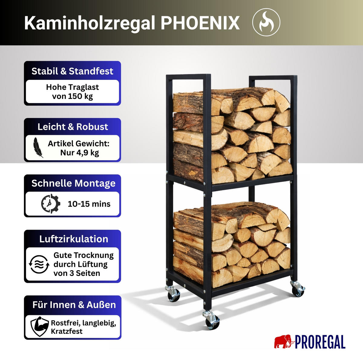 KAMINHOLZREGAL Phoenix innen & außen mit Rollen 82x44x28cm Schwarz - Schwarz, Metall (44/82/28cm) - PROREGAL