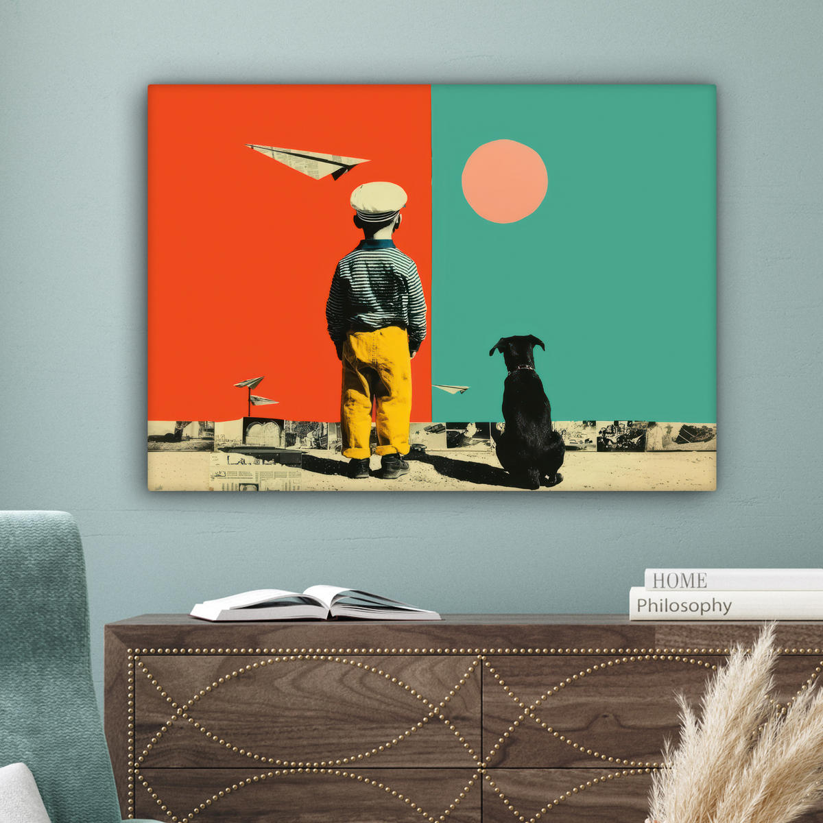 LEINWANDBILD Retro - Junge - Hund - Rot - Grün Wandbilder 80x60 cm - Orange, Textil (80/60cm) - MuchoWow