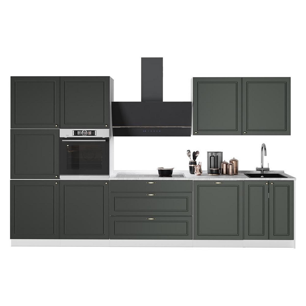 KÜCHENZEILE Fame-Line, Grün-Gold Landhaus/Weiß, 340 cm, AP Marmor - Weiß/Grün, Holzwerkstoff (340/206.8/60cm) - Vicco