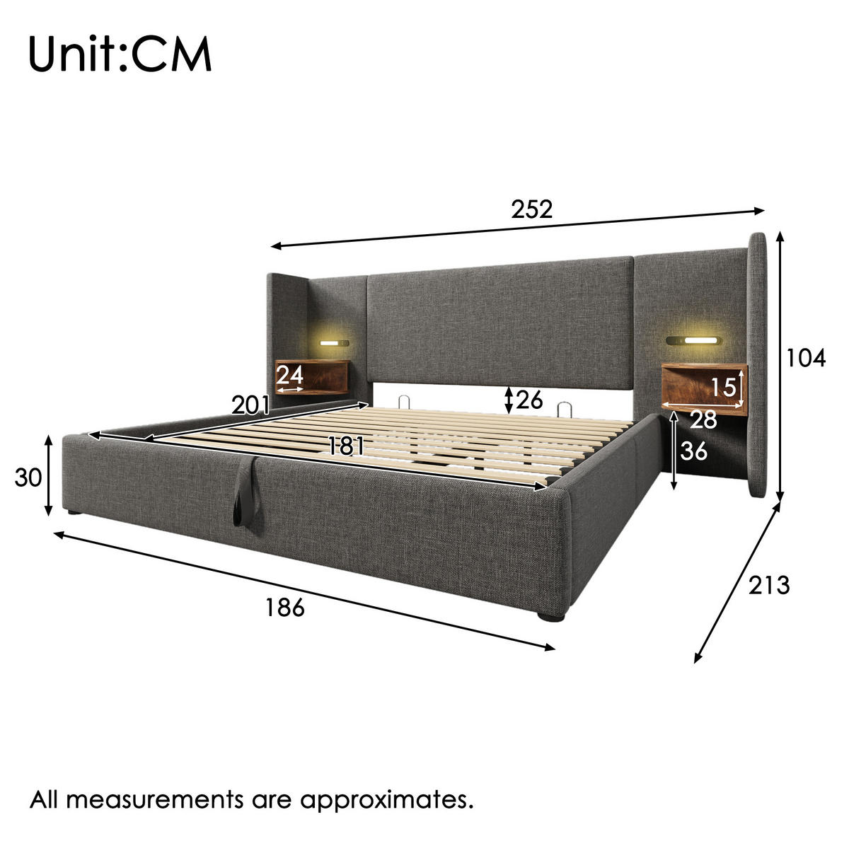 TAPECIRANI krevet 180/200 cm s hidrauličnim spremištem, LED čitačkom lampom, USB i Type-C priključcima, Siva - siva, tekstil (180/200cm) - Redom