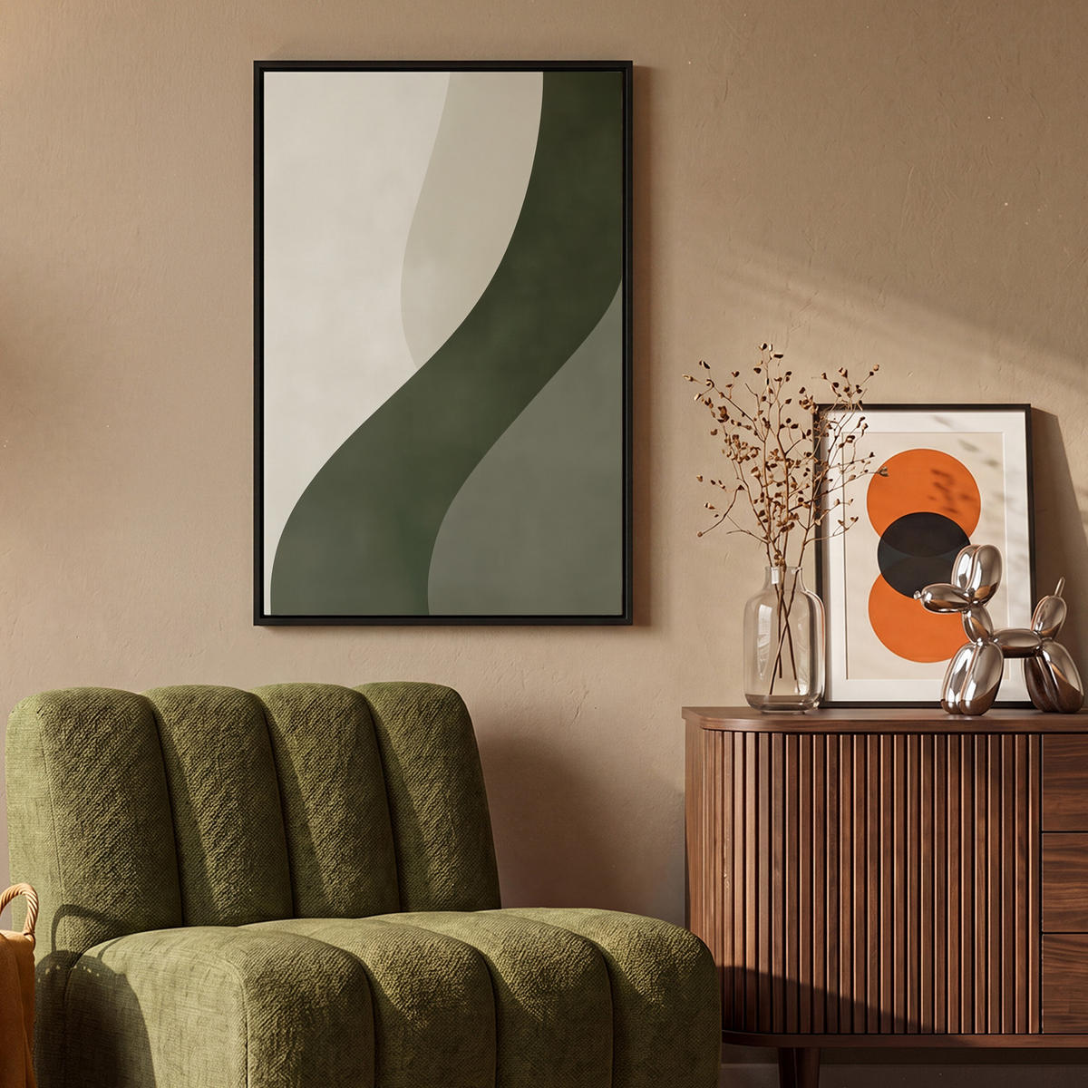 LEINWAND Bilder mit Rahmen - Japandi - Grün - Abstrakt - Modern - 60x90 - Salbeigrün, Textil (60/90cm) - MuchoWow