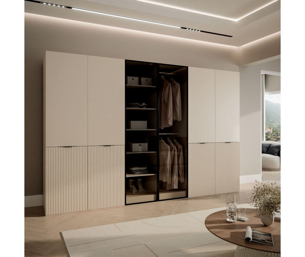 KLEIDERSCHRANK SANDBOX KASHMIR 300 303/49/200 cm Kaschmir / Kaschmir + schwarzes Glas mit LED 12 Zusatzböden - Kaschmir/Schwarz, Holzwerkstoff/Kunststoff (303/200/49cm) - Lookway