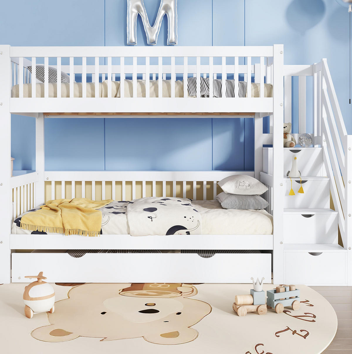 ETAGENBETT 90/200 cm aus Kiefer und MDF mit Rollbett, Leiterschrank und Rundum-Fallschutz, Weiß - Weiß, Holz (90/200cm) - Redom