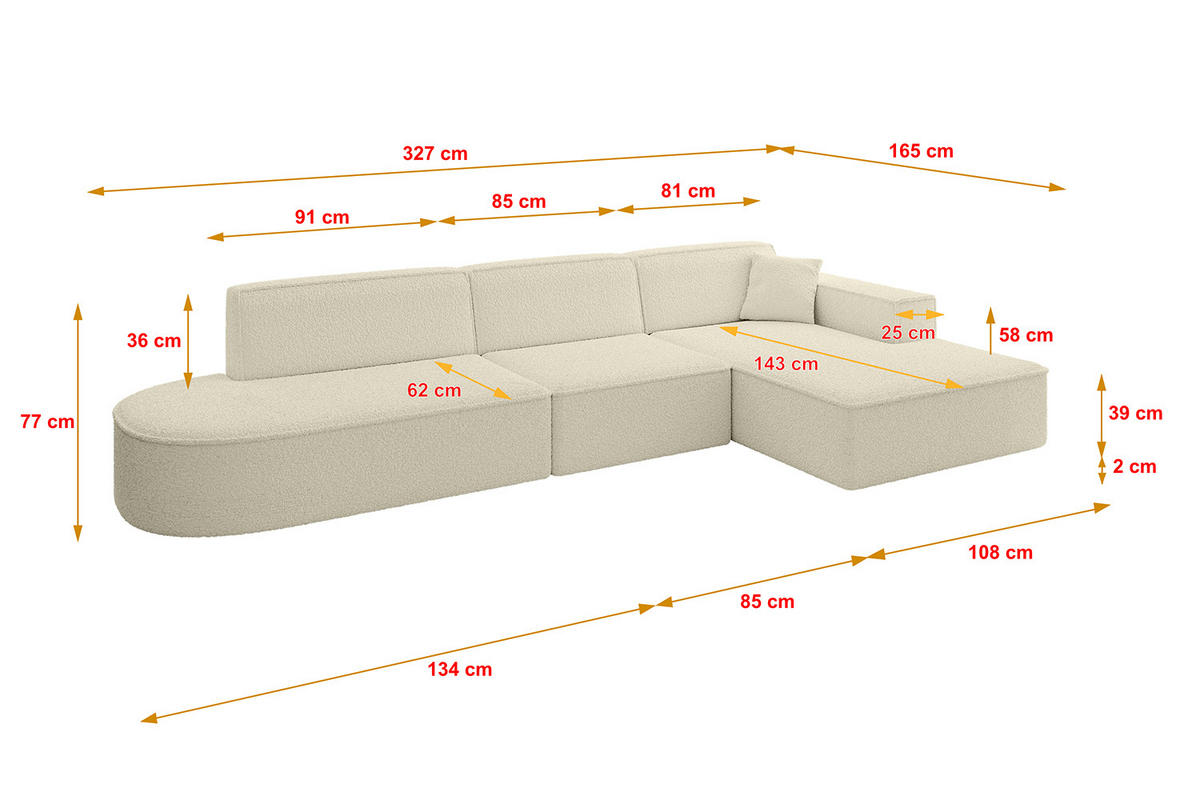 ECKSOFA Ottomane Rechts IREA-L2-v4 - 327x165x77 cm Beige - Creme, Holzwerkstoff/Textil (327/165cm) - ALTDECOR
