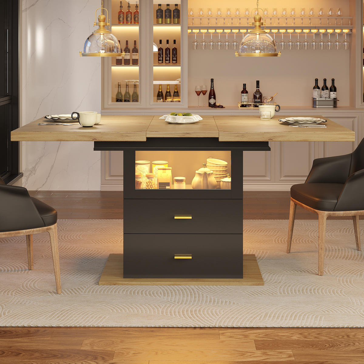 ESSTISCH 110-140x80x75 cm in Natur und Schwarz aus MDF mit LED-Beinen ausziehbar - Naturfarben, Holzwerkstoff (140/80/75cm) - Modfu