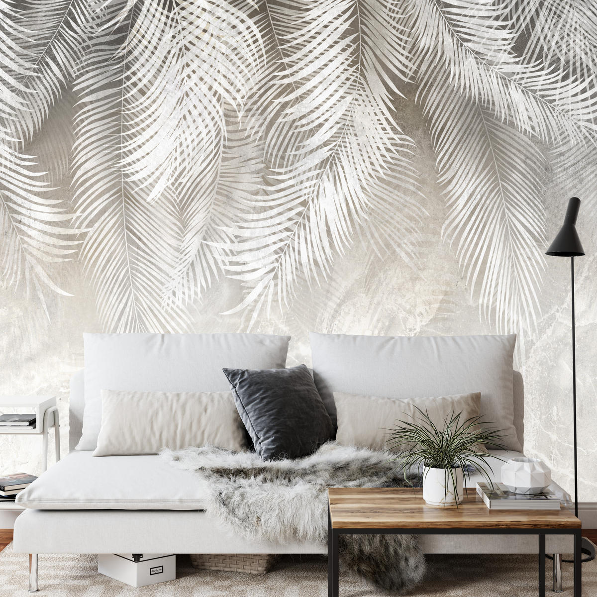 FOTOTAPETE für Schlafzimmer Vintage Palmenblätter auf Marmor Beige 500x350 - Weiß/Grau, Papier (500/350cm) - Muralo