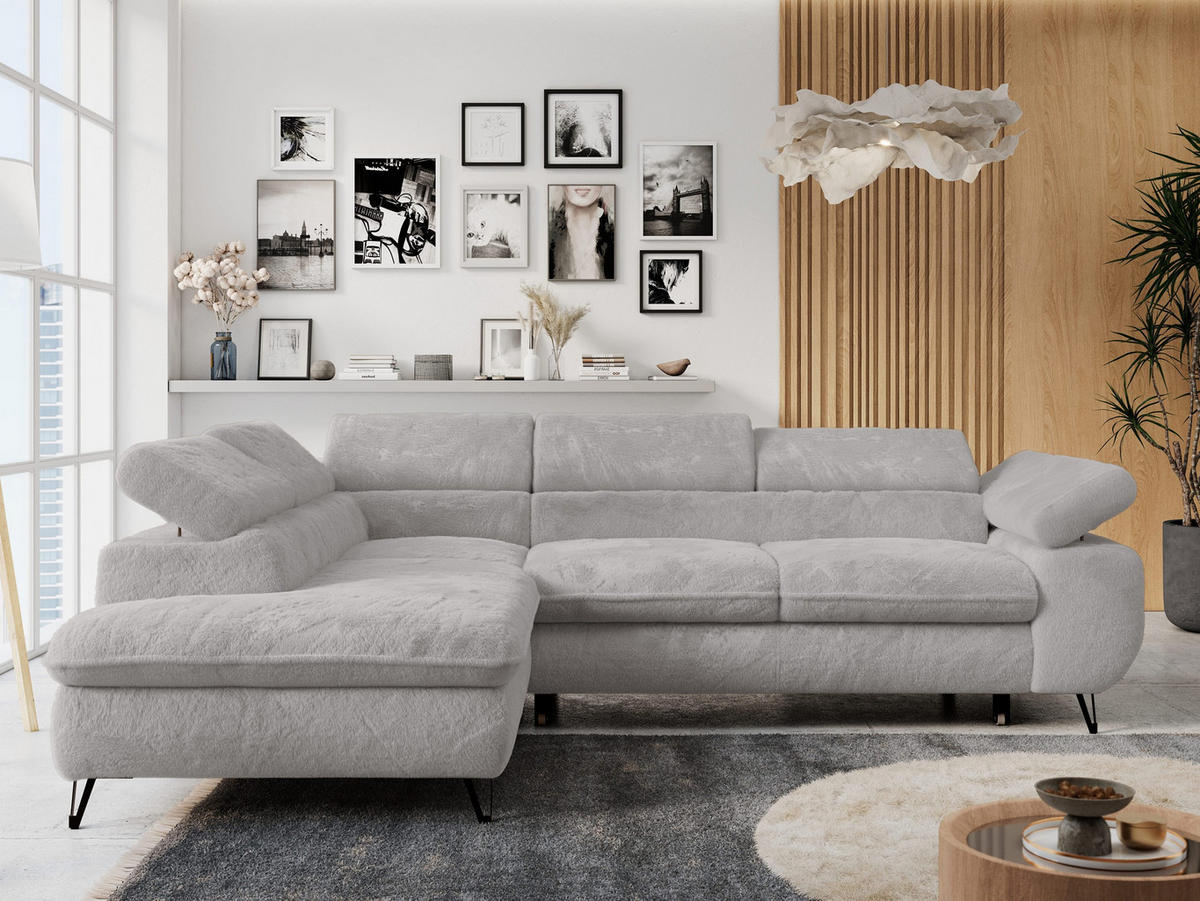 ECKSOFA PETER L Hellgrau Plüsch - Links Seite - Hellgrau/Schwarz, Textil/Metall (208/273cm) - MKS