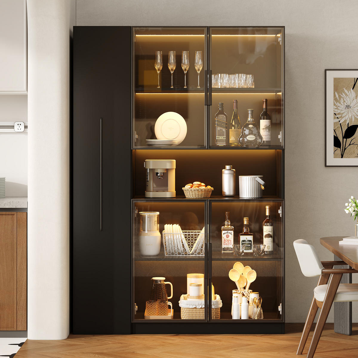 VITRINE 110cm Schwarz Glas LED Schubladen modern - Schwarz, Holzwerkstoff (110/160/35cm) - FLIEKS