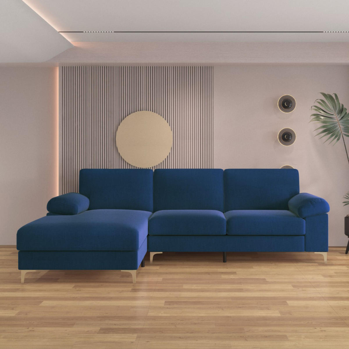 ECKSOFA galway blau 5-sitzer samt - Blau, Holz (262/132cm) - Concept Usine