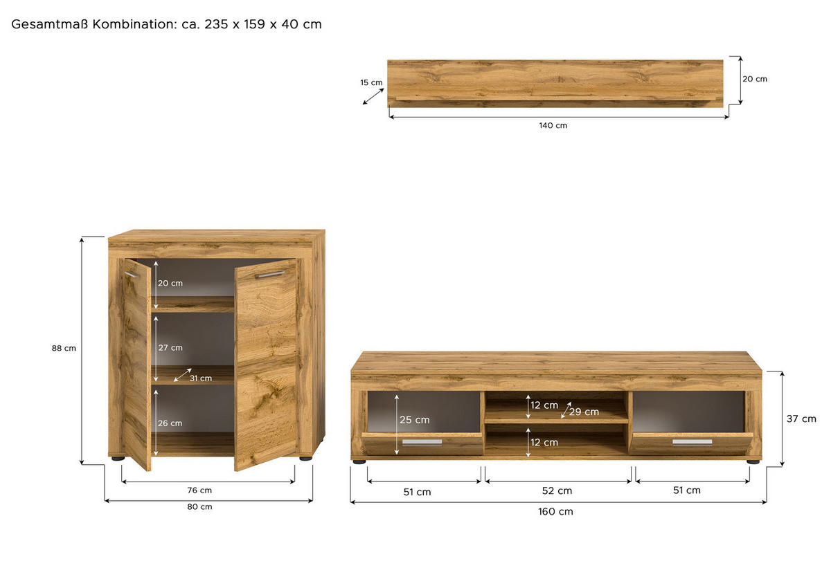 WOHNWAND Milo 3 tlg. (B/H/T: ca. 255/159/40 cm) in Wotan Eiche /Wotan Eiche - Eiche Wotan, Holzwerkstoff (255/159/40cm)