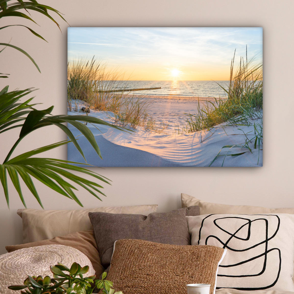 LEINWANDBILD Strand - Sonne - Düne - Gras - Sand - Horizont Wandbilder 80x60 cm - Hellblau, Textil (80/60cm) - MuchoWow