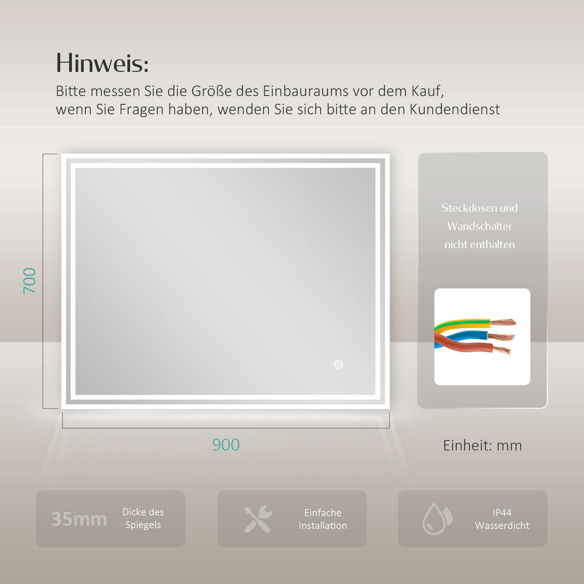 BADSPIEGEL mit Beleuchtung 90/70/3,5 cm - Weiß, Glas (70/3.5/90cm) - EMKE