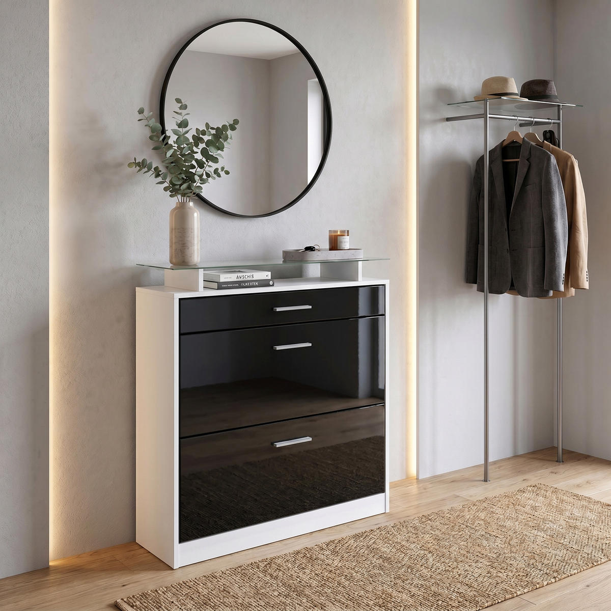 SCHUHSCHRANK Loret Front in Schwarz Hochglanz - Schwarz Hochglanz, Holzwerkstoff (89/104/23cm) - Vladon