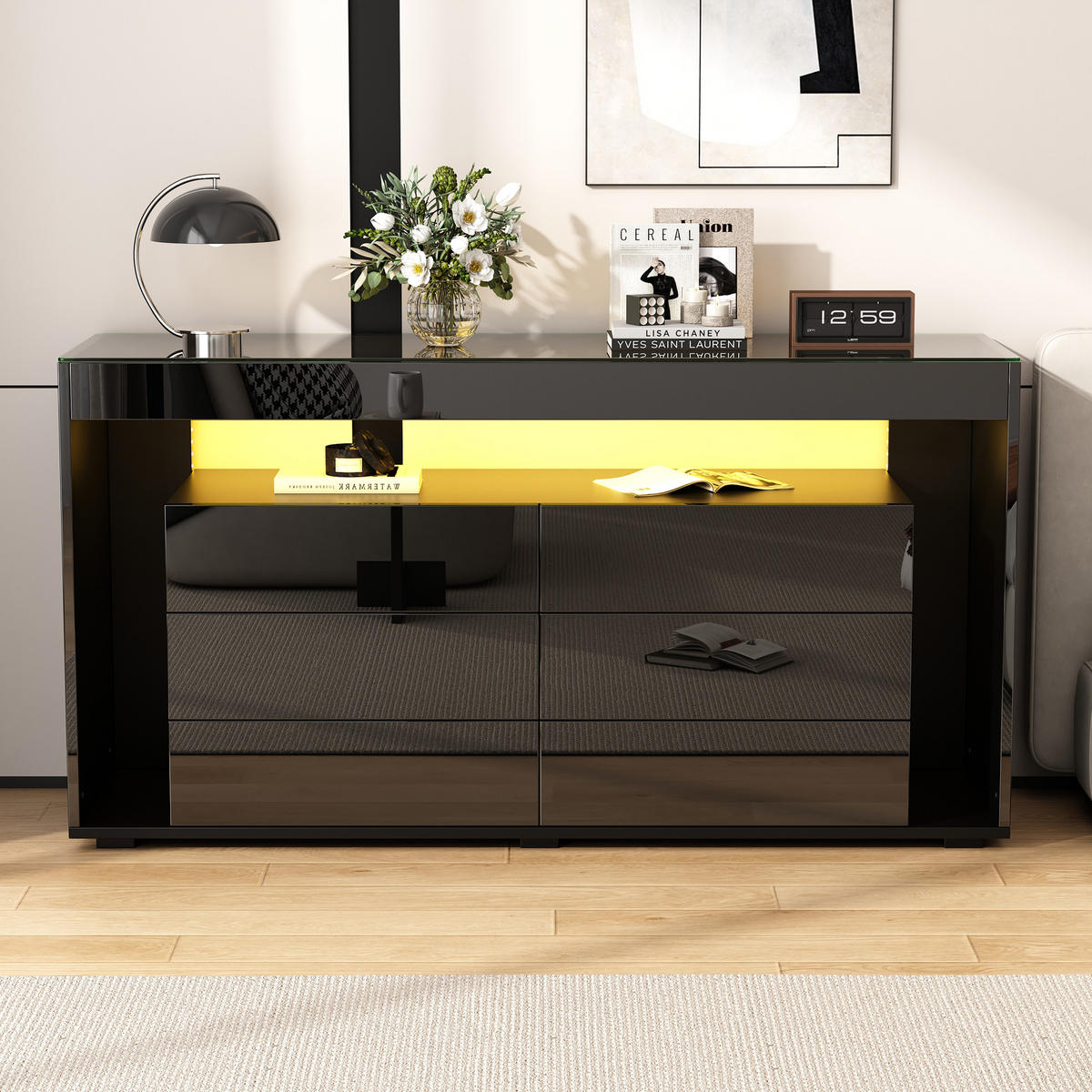 SIDEBOARD, 6 Schubladen, LED, Glasplatte, Hochglanz, Schwarz - Schwarz, Holzwerkstoff (40/70/140cm) - FLIEKS