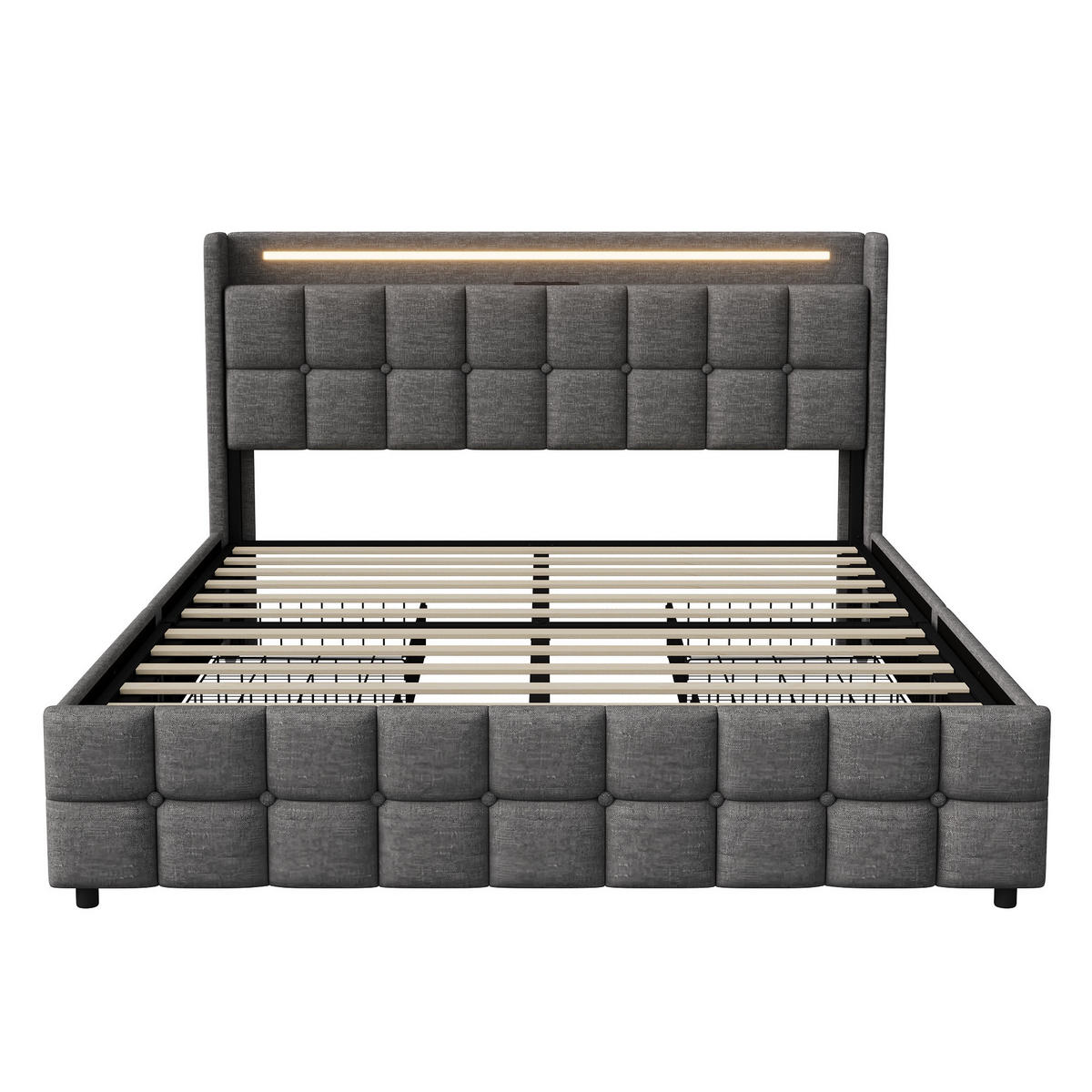 POLSTERBETT 160x200 cm Square Smart mit RGB-LED, EU-Steckdosen & USB-Ports, 4 Schubladen, Leinen-Optik, Dunkelgrau - Grau, Textil (160/200cm) - DELFA