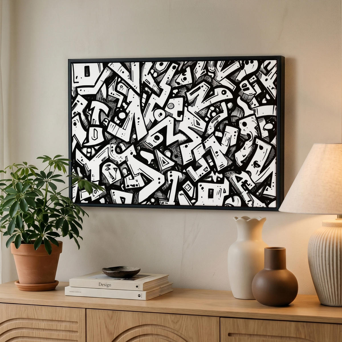 LEINWAND Bilder mit Rahmen - Formen - Buchstaben - Graffiti - Schwarz - 60x40 - Schwarz, Textil (60/40cm) - MuchoWow