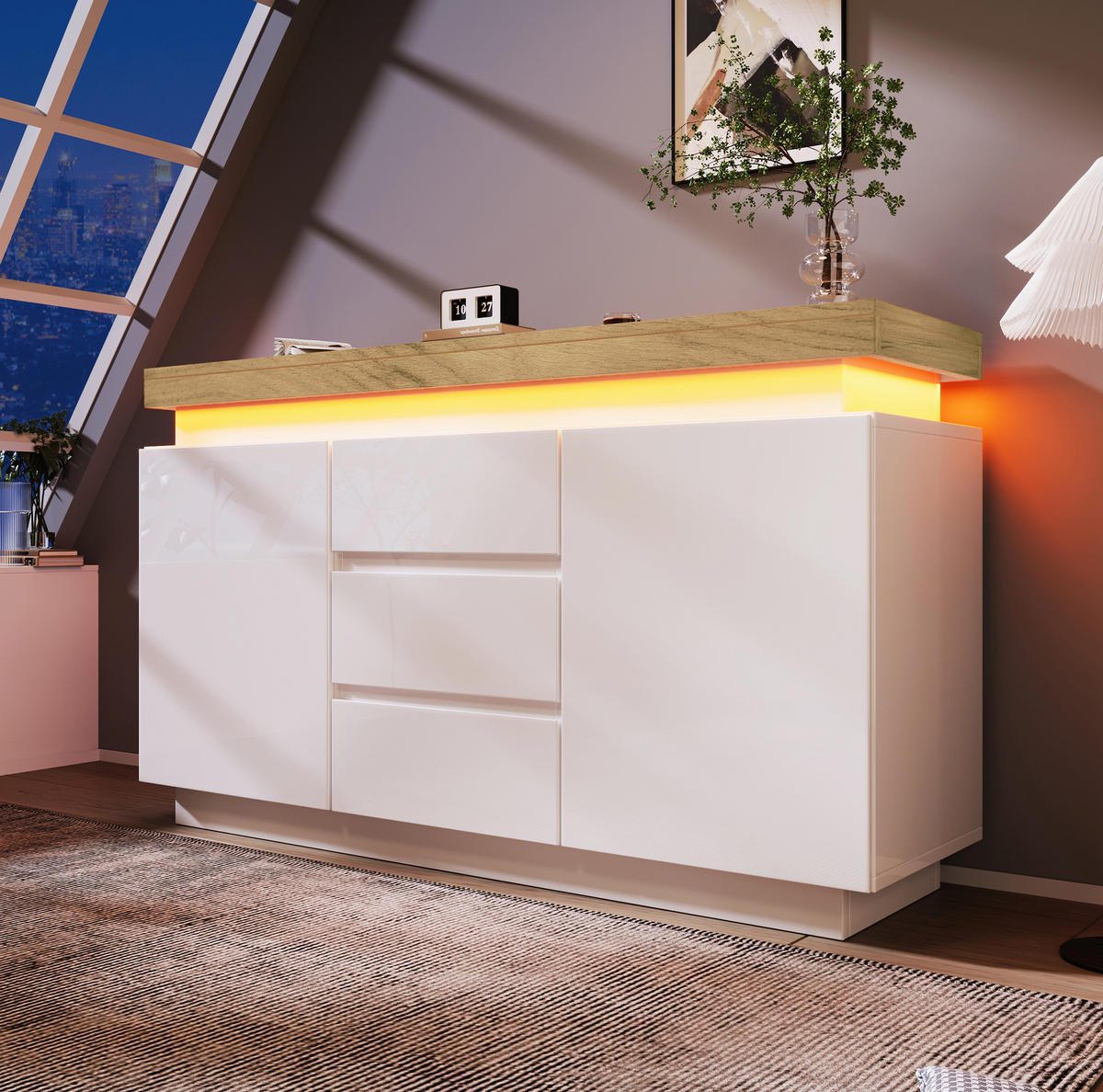 KOMMODE 140/39/81 cm in Weiß mit LED-Beleuchtung und 2 Türen, 3 Schubladen - Weiß, Holzwerkstoff (140/81/39cm) - Flora Grace