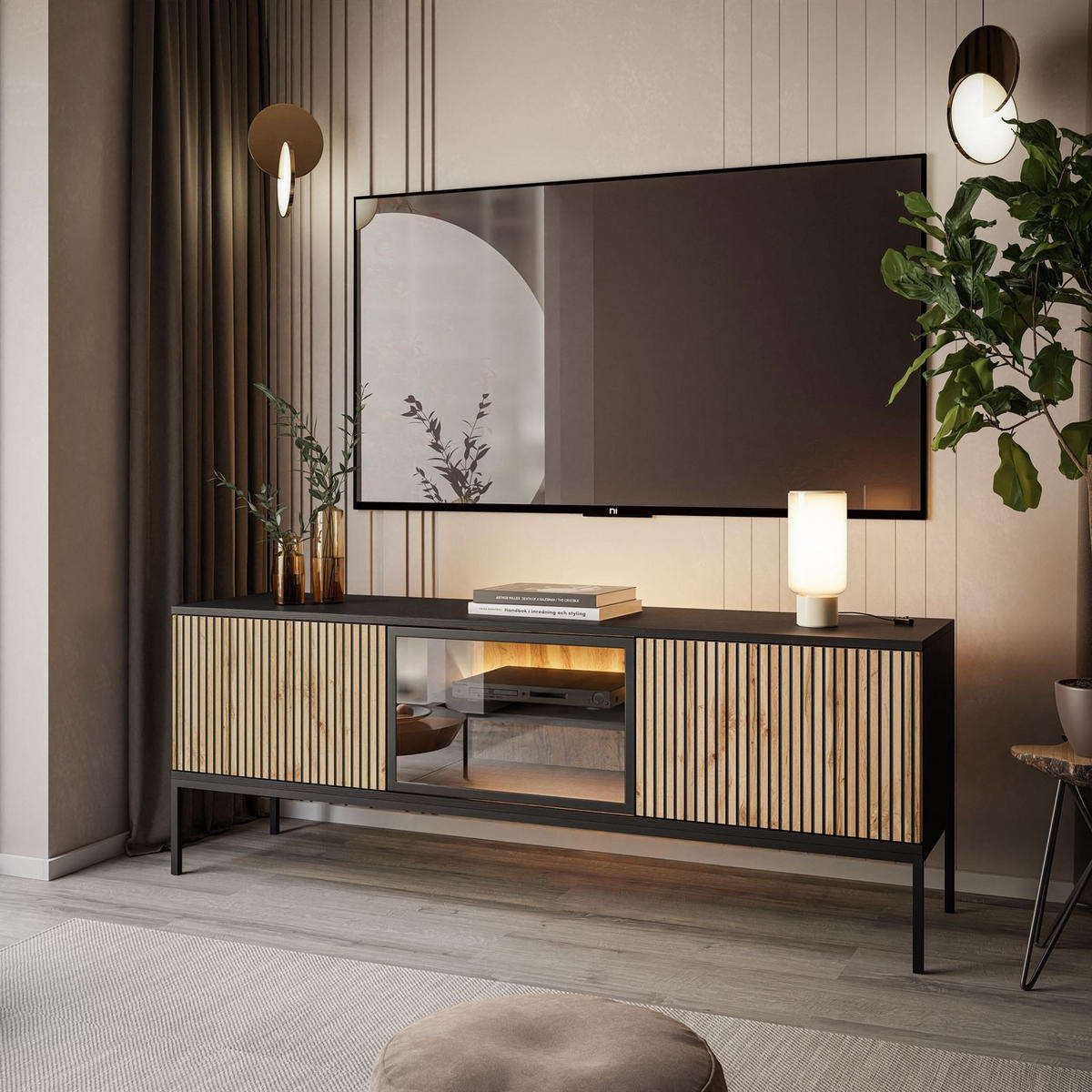 TV-ELEMENT ECLIPSE RTV154 mit Beleuchtung,Schwarz Eiche Wotan - Eiche Wotan, Holzwerkstoff (154/56/39cm) - Lookway