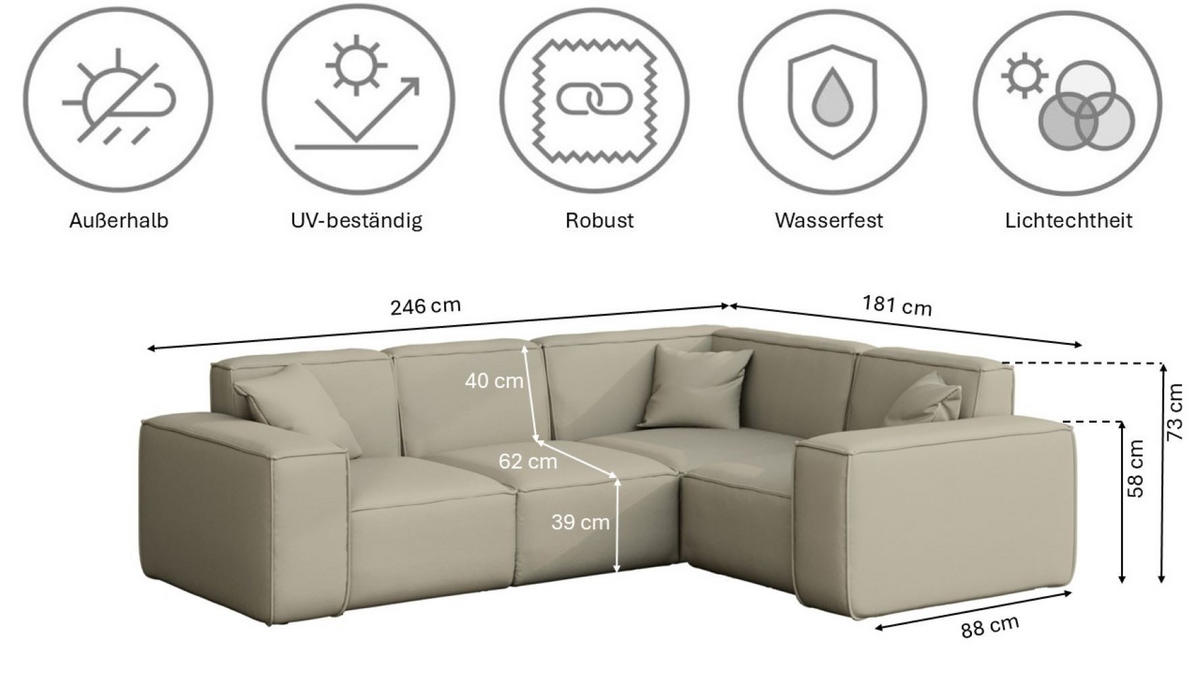 GARTENECKSOFA L-form MALIBU Stoff Odyssey Dunkelbeige Rechts - Beige, Holz (246/73/181cm) - Kaiser Möbel