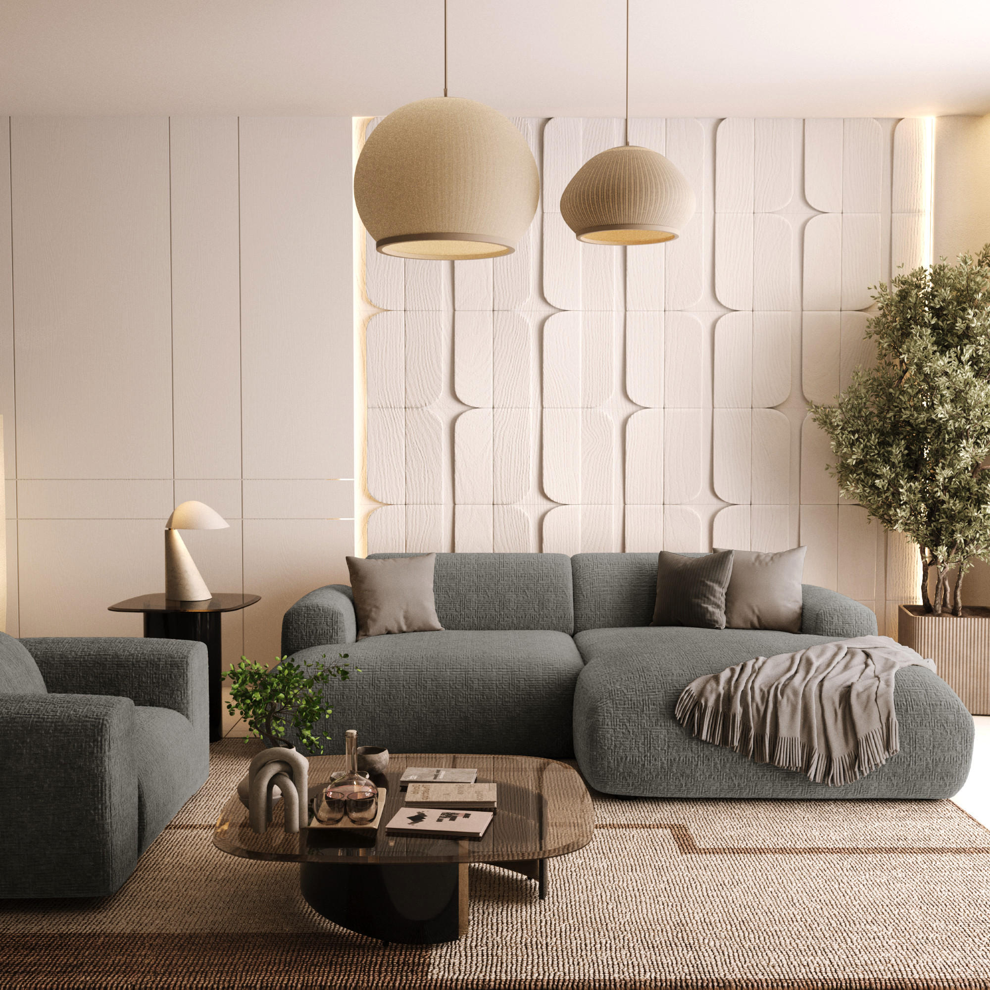 ECKSOFA RECHTS Gemusterter Samt Grau 266cm - Grau, Textil (266/165cm) - Sia Home