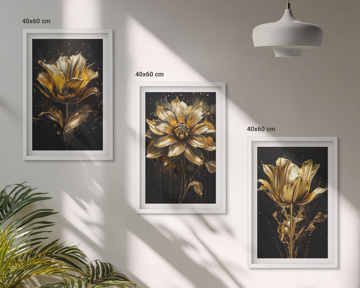 WANDBILDER 3er-Set - 40x60 cm Weißer Rahmen - Gelbe Blüten auf dunklem Hintergrund - Weiß, Kunststoff (40/60cm) - ArtPrintCave