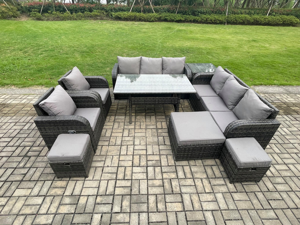 GARTENTISCHGRUPPE mit Beistelltisch,3 Hockern Polyrattan Dunkelgrau 11-Sitzer - Dunkelgrau/Grau, Glas/Kunststoff - Fimous