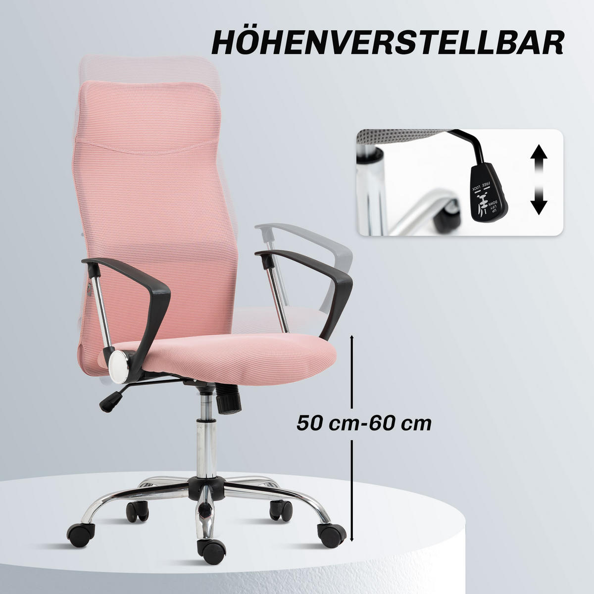 BÜROSTUHL Netz Stahl Rosa - Chromfarben/Schwarz, Kunststoff/Textil (65/119/63cm) - HOMCOM