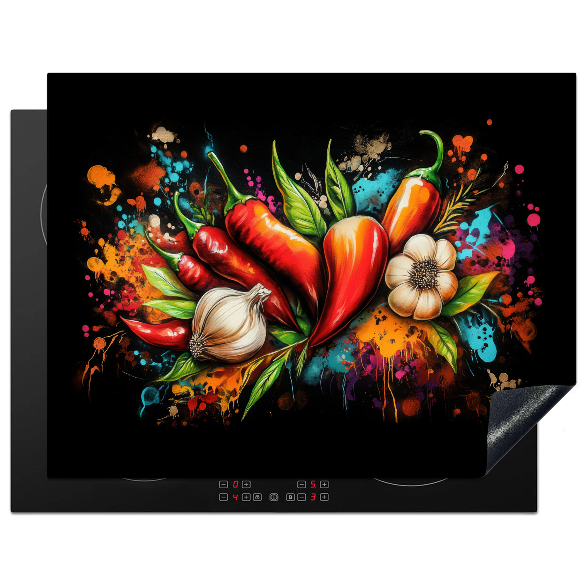 MuchoWow KRYT NA INDUKČNÍ DESKU Zelenina - paprika - česnek - graffiti - barva - barevné 77x59 cm