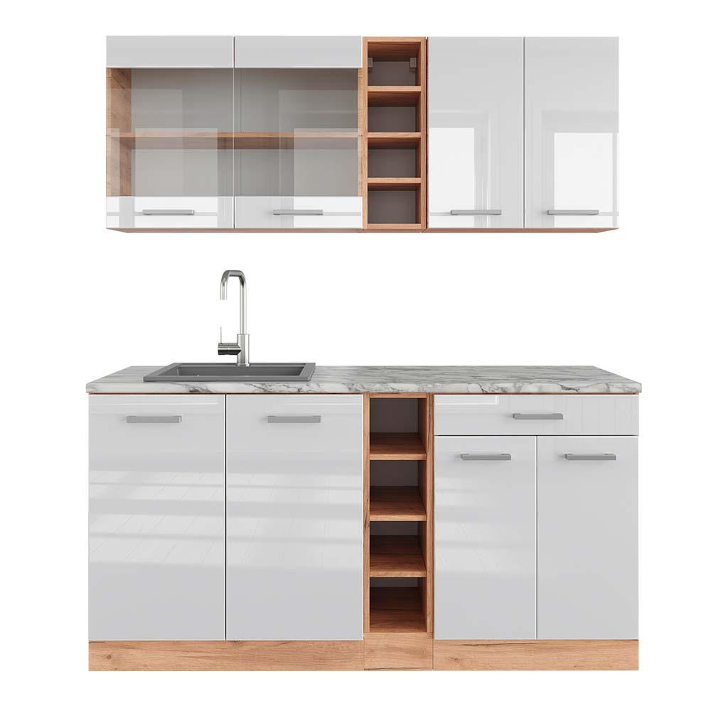 SINGLEKÜCHE R-Line Weiß Hochglanz/Goldkraft Eiche 160 cm, AP Marmor - Honigeiche/Weiß Hochglanz, Holzwerkstoff (160/81.6/60cm) - Vicco