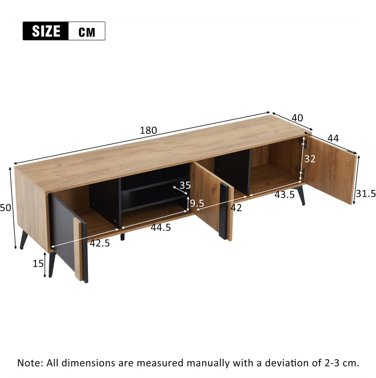 TV-SCHRANK 180/40/50 cm schwarz-braun Spanplatte mit 3 Türen und offenem Fach - Schwarz, Holzwerkstoff (180/50/40cm) - OKWISH