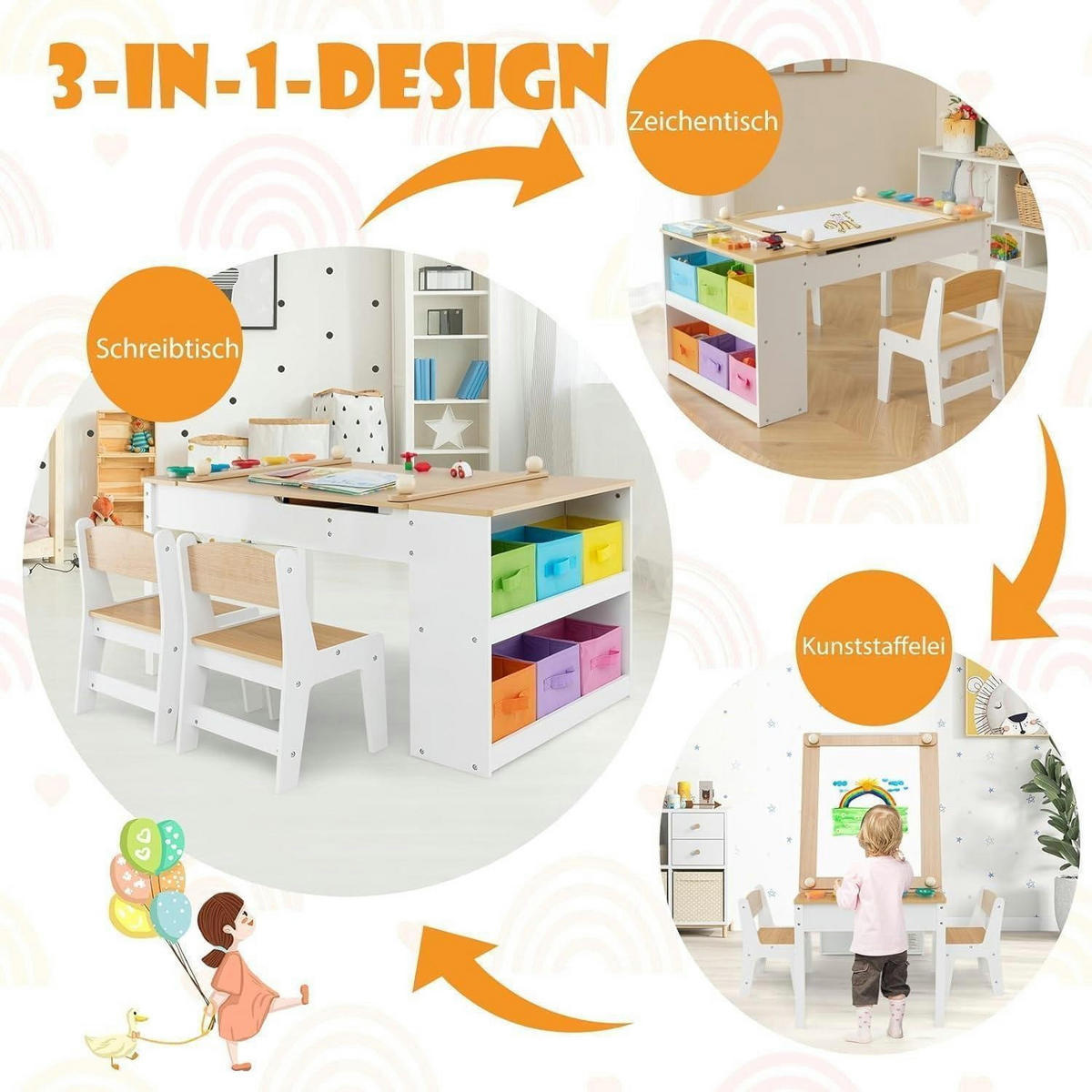 KINDERTISCH mit 2 Stühlen 3-teiliges Set Natur mit 2 Ablagen - Multicolor, Holzwerkstoff (60/55/109cm)