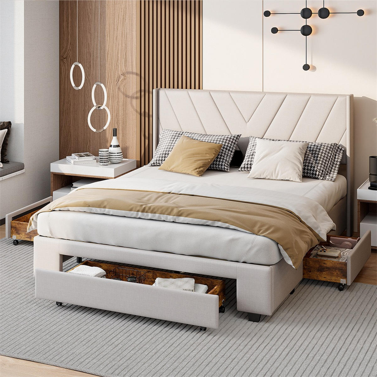 POLSTERBETT 140x200 cm mit 3 Schubladen - Kopfteil mit minimalistischem Liniendesign - ohne Matratze - Beige - Beige, Textil (140/200cm) - DELFA