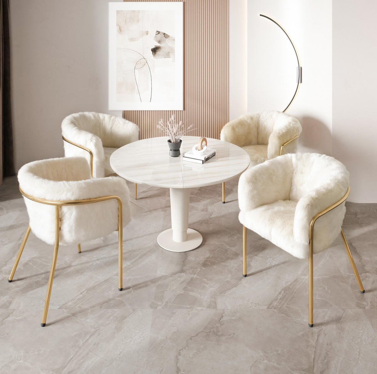 ESSSTUHL 57x57x77 cm in Beige, Kaninchensamtimitat, Metallgestell, leicht luxuriös - Beige, Textil (57/77/57cm) - Modfu