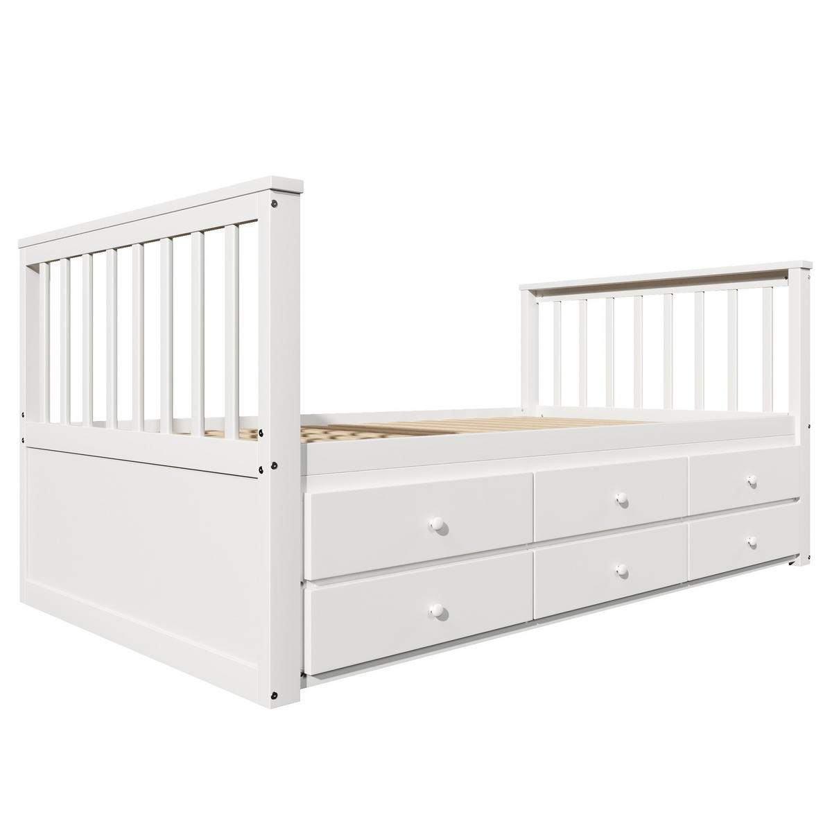 JEDNOLÔŽKOVÁ posteľ 90/200 cm biela z borovicového dreva a MDF s výsuvným lôžkom a 3 zásuvkami - biela, kompozitné drevo (90/200cm) - OKWISH