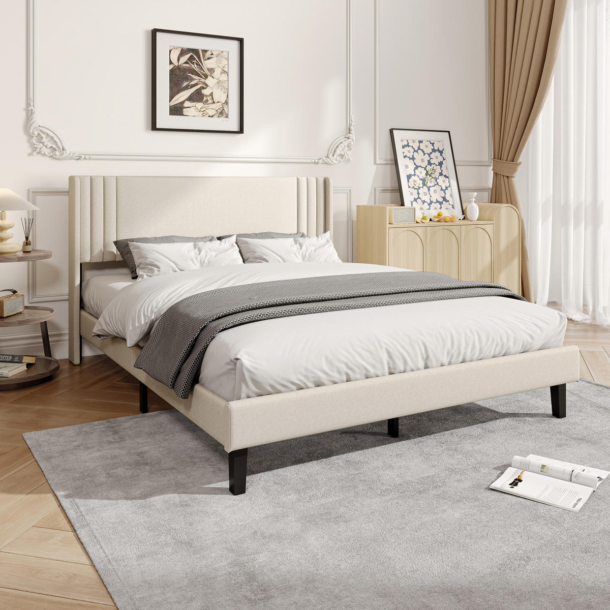 POLSTERBETT 140x200 cm Doppelbett mit Lattenrost, Leinenstoff Beige - Beige, Metall (140/200cm) - EuroLiving