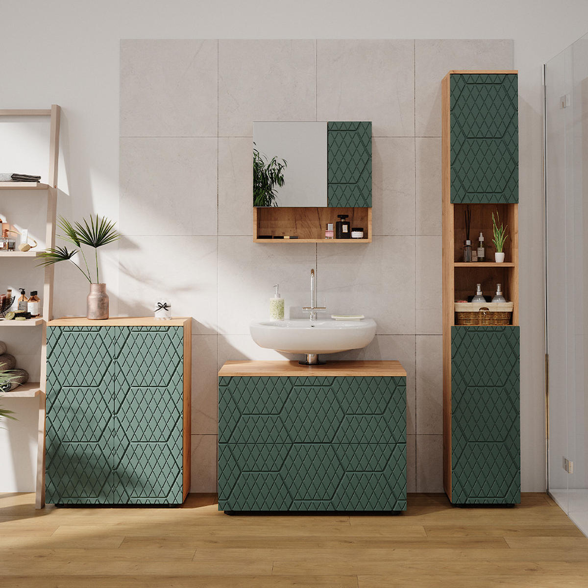 BADMÖBEL-SET Irma Grün 4 Teile, mit Schubladenschrank und Midischrank - Eiche Wotan/Grün, Holzwerkstoff (80/58/41cm) - Vicco