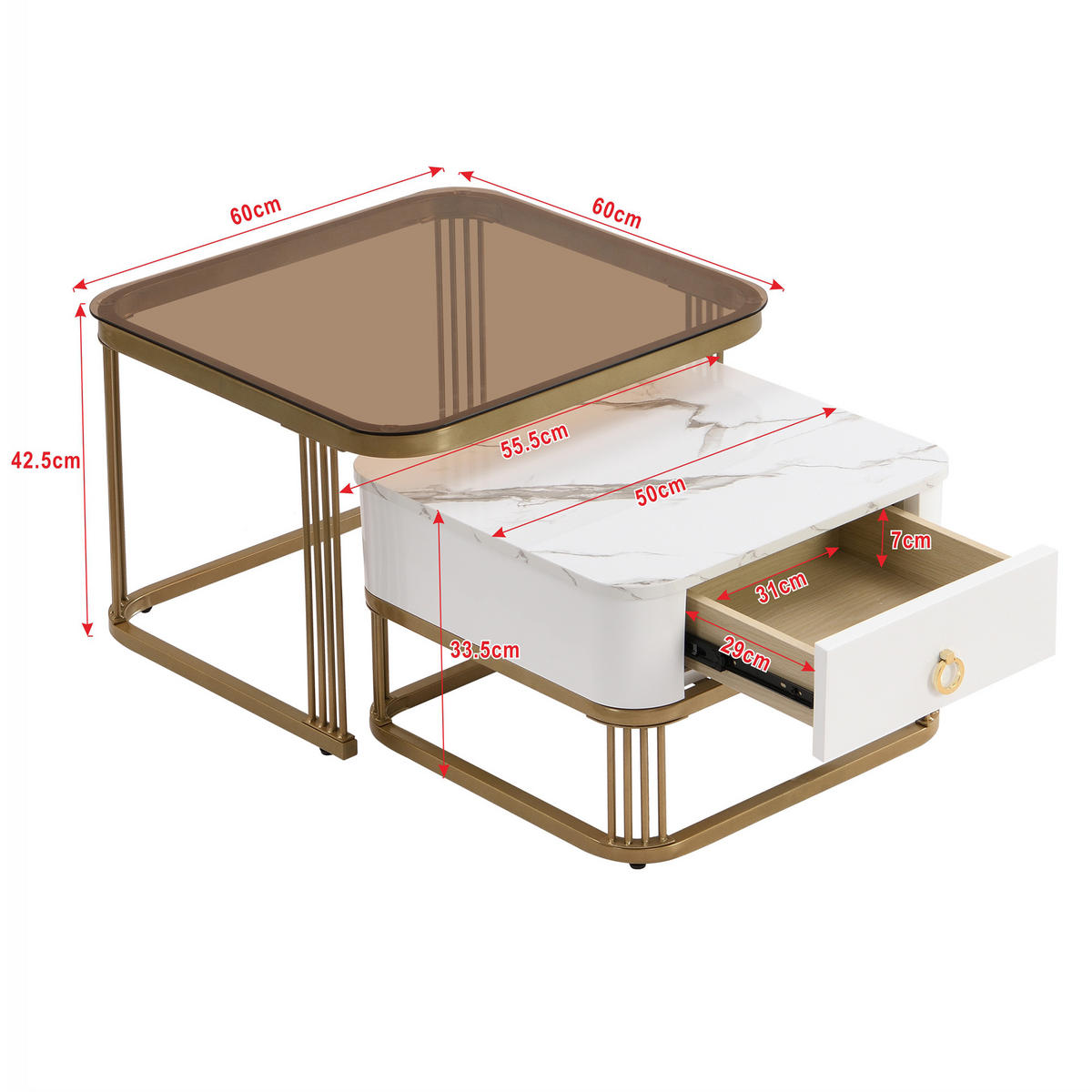 COUCHTISCH Stapelbar 2-tlg Hochglanz Marmoroptik Teebraun Gold Akzente - Weiß, Holz (72/68/26.5cm) - FLIEKS
