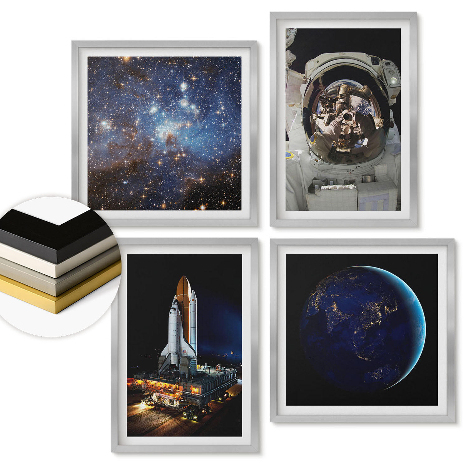WANDBILDER 4er Set - 50x50 cm & 40x60 cm Silberner Rahmen - Weltraum Erde Astronaut Rakete - Silberfarben, Kunststoff (50/50cm) - ArtPrintCave