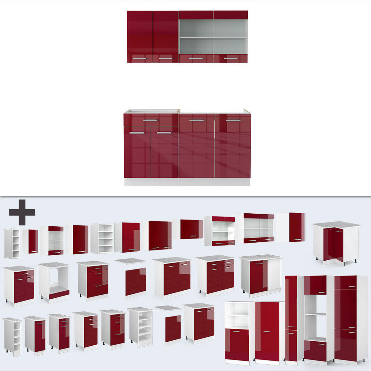 SINGLEKÜCHE R-Line Rot Hochglanz/Weiß 140 cm , AP Marmor - Rot/Weiß, Holzwerkstoff (140/81.6/60cm) - Vicco